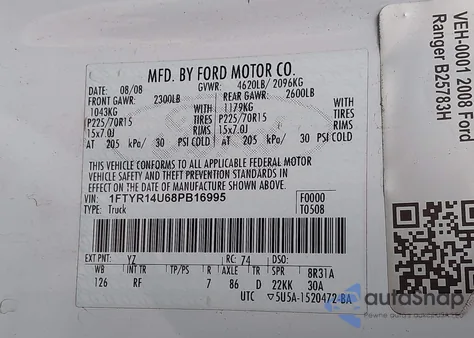 2008 Ford Ranger Sport/Xl/Xlt из США, поврежденный, VIN 1FTYR14U68PB16995